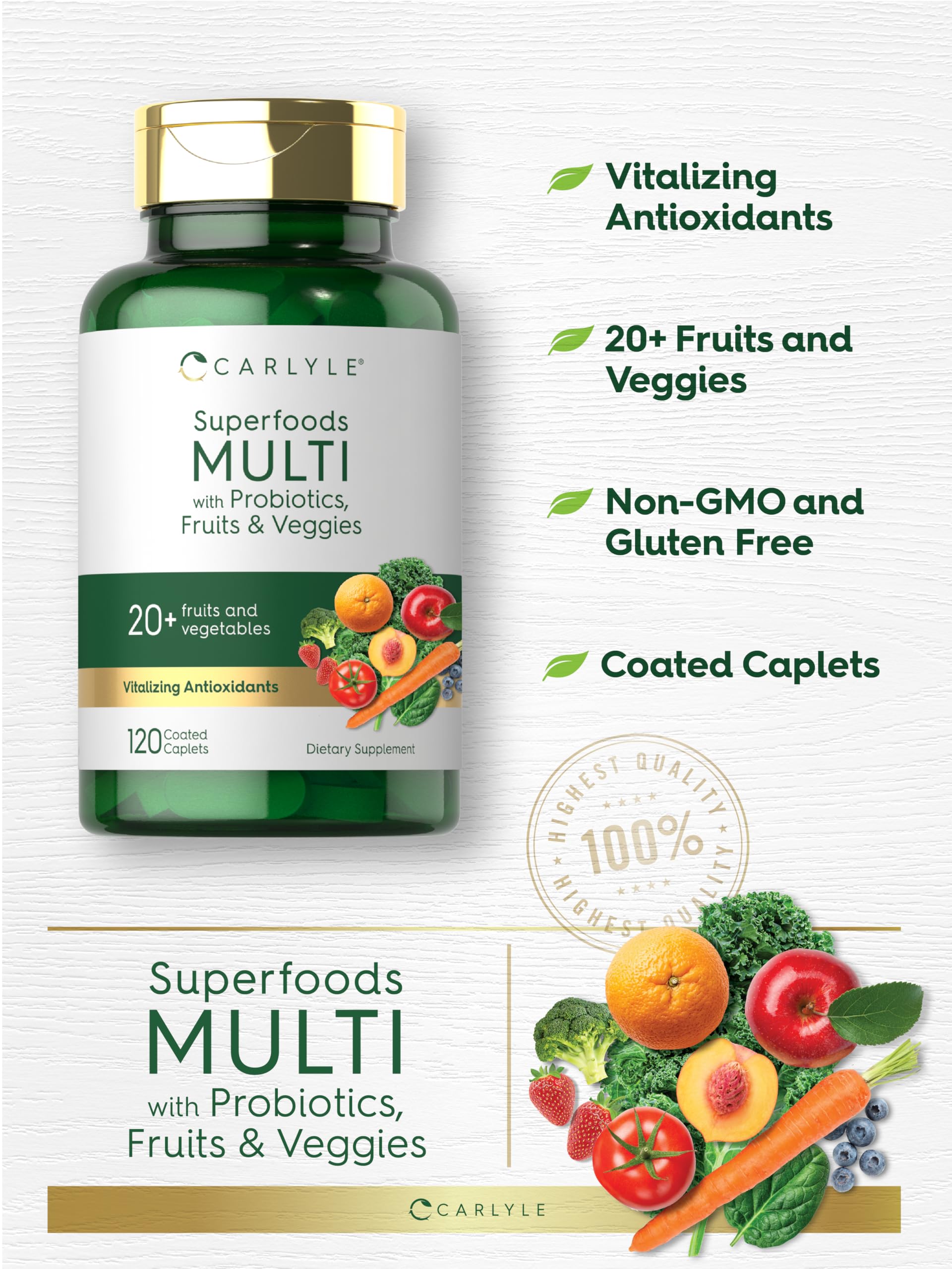 Carlyle Fruits and Veggies Supplement | 120 Count | Superfood Multivitamin with Probiotics | Made with 20 Fruits and Vegetables | Non-GMO & Gluten Free